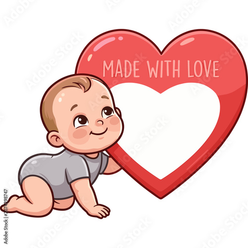 Cute baby crawls with big red heart symbol