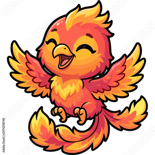 A cartoon phoenix bird with orange and yellow feathers smiles cheerfully in mid-air.