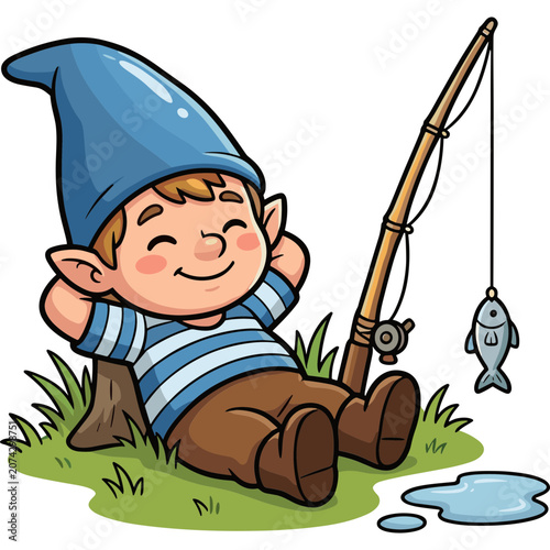 A smiling elf sits on grassy bank fishing with relaxed expression