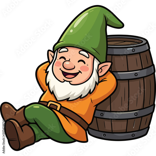 A cheerful cartoon gnome leans on a wooden barrel with a happy expression.