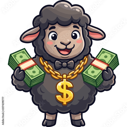 A cartoon sheep wearing a gold chain and holding money in a flashy illustration