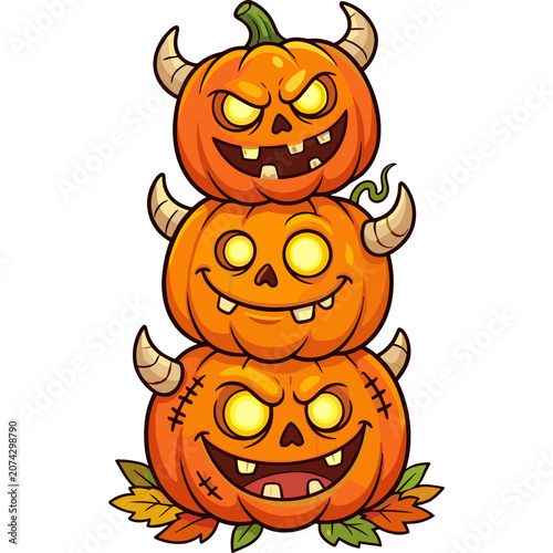 Three stacked Halloween pumpkins with horns and leaves on a white background