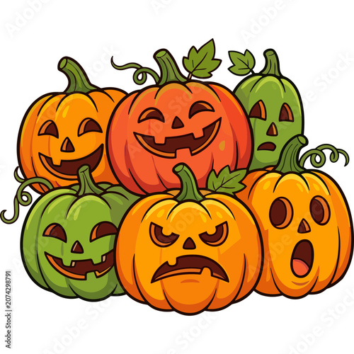 A pile of carved pumpkins with various Halloween faces are stacked.