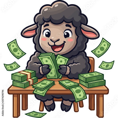 Sheep character excitedly counts money on a table indoors