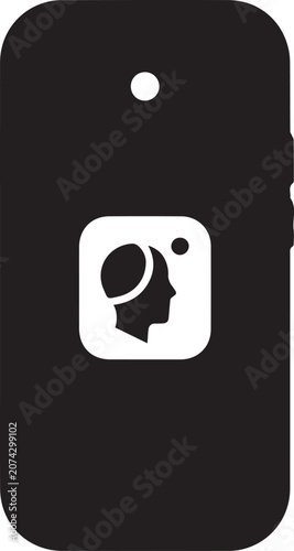 Vector illustration of a black smartphone with a white logo featuring a human head in profile on a transparent background