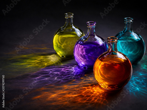 Colorful liquids in round glass demijohns creating light refraction, dark background, crisp details.
