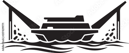 Vector illustration of a boat passing under a bridge isolated on white background