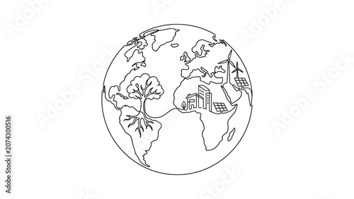 Continuous line drawing of a globe showing nature and industry balance