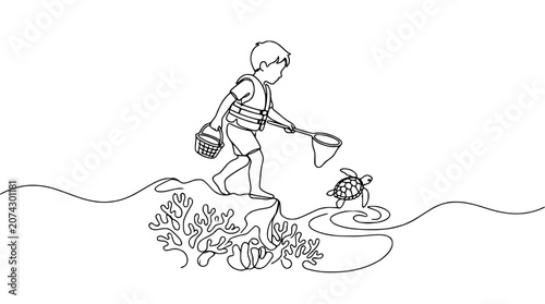 Photography Boy with net explores coral reef, catches turtle in one line art drawing