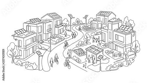 Line art illustration of a sustainable eco friendly residential neighborhood with solar panels