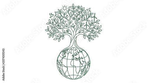 Ecological concept illustration with a tree growing out of a globe