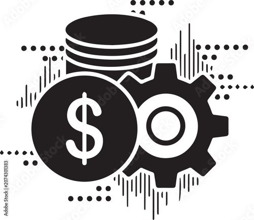 Black vector icon of a dollar coin with a gear and stacked coins on a white background with sound wave patterns