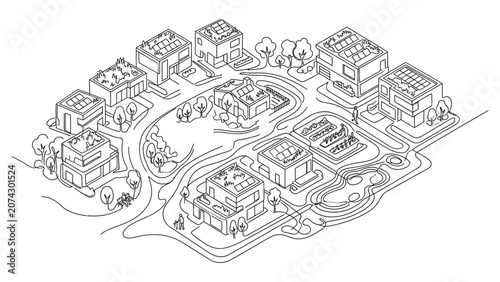 Isometric hand drawn sketch of a residential housing neighborhood complex