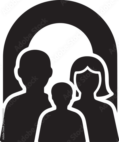 Black silhouette of a family of three standing under an arch isolated on white background