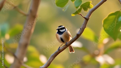 Black-capped chickadee perched on a branch in a sunny spring garden. A small chickadee bird sits on a thin tree branch with a soft green bokeh background.