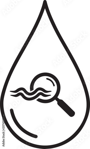 Black vector droplet icon with magnifying glass and wavy lines isolated on transparent background