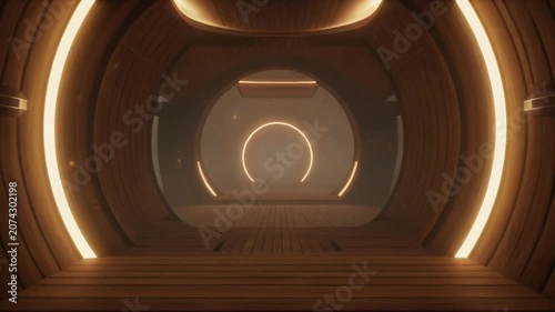 Futuristic Sci-Fi Circular Corridor with Orange Neon Light. Seamless loop of a futuristic interior featuring curved hallways, metallic walls, and glowing neon ring illumination.