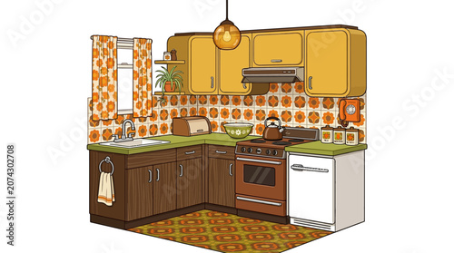 Retro 70s Kitchen Interior Design, Orange Floral Pattern, Vintage Appliances