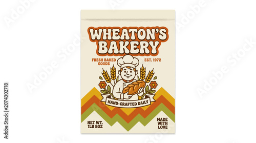 Retro Bakery Bag with Baker, Bread, Wheat, and Flowers - Vintage Style