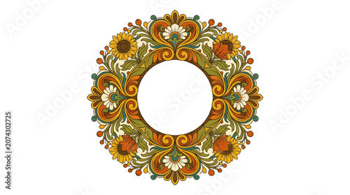 Retro Floral Wreath with Sunflowers and Ornate Swirls, Vintage Design
