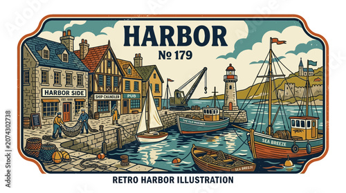 Retro Harbor Village Scene with Boats, Lighthouse, and Buildings