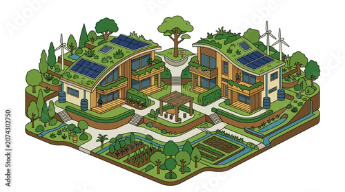 Sustainable Eco-Friendly Village: Green Living, Solar Panels, Wind Turbines