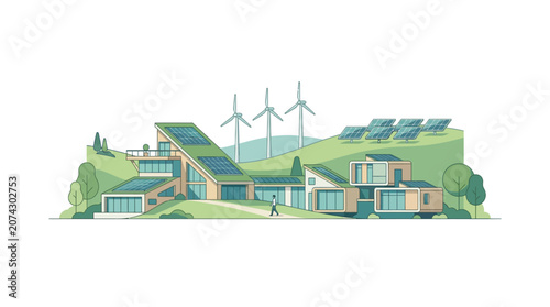 Sustainable Eco Village: Modern Houses, Solar Panels, Wind Turbines, Green Energy