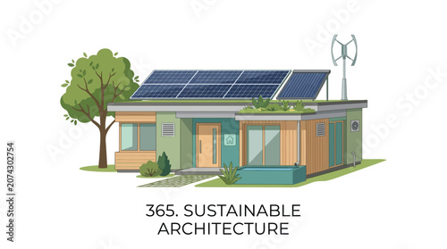 Sustainable Architecture: Eco-friendly House with Solar Panels and Wind Turbine