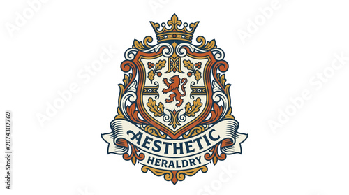 Vintage Heraldic Crest Emblem with Lion and Ornate Scroll