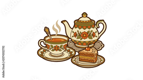 Vintage Tea Set with Cake Slice, Retro Floral Design, Hot Beverage and Sweet Treat