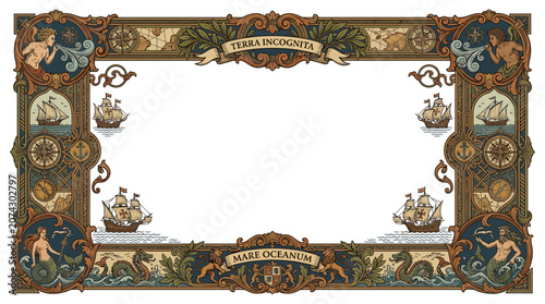 Vintage Nautical Frame with Ships, Mermaids, and Sea Creatures