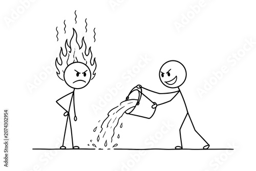 фотографія Simple stick-figure illustration of a mischievous person pouring water near an angry figure whose head is engulfed in flames, symbolizing provocation, conflict, and emotional escalation