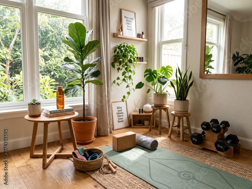 Bright home yoga studio corner featuring a sage green mat cork block resistance bands dumbbells wooden stools and lush indoor plants bathed in warm natural sunlight from large side windows.