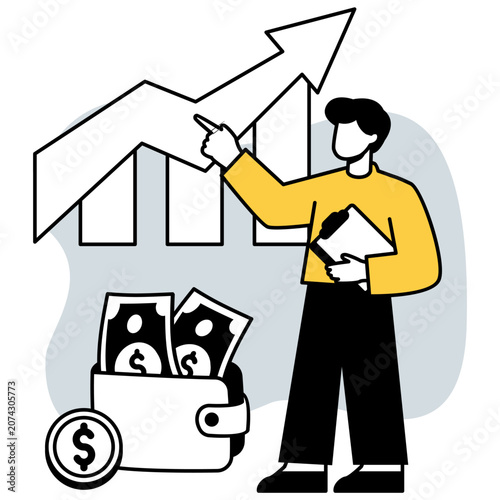 Monochrome personal finance management illustration with investor analyzing financial growth and savings