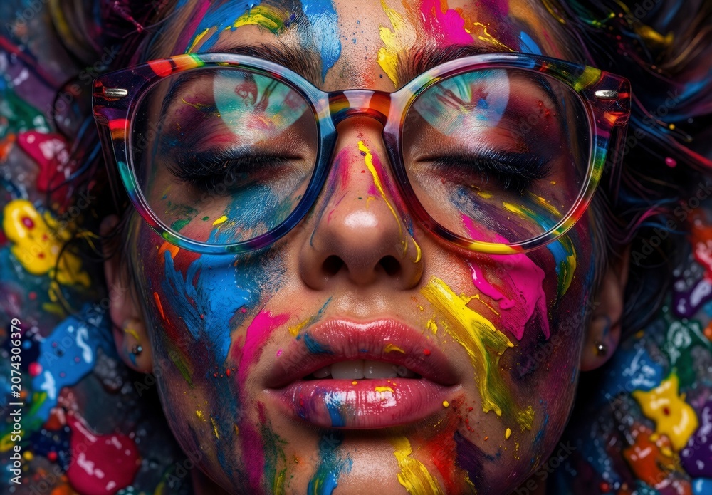 Obraz premium Vibrant Colorful Face Paint Portrait with Rainbow Glasses