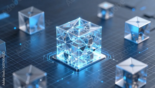 Blockchain technology concept with glowing digital cubes connected in a secure decentralized grid