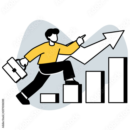 Monochrome wealth growth illustration with business person climbing rising financial chart for investment success