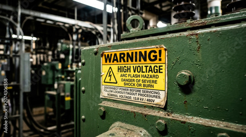 Warning label, transformer, high voltage, arc flash, danger sign on green electrical equipment inside industrial power station with cable and metal panel