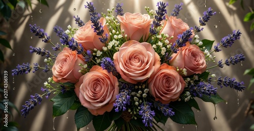 Luxurious Bouquet of Pink Roses and Purple Lavender Flowers Arrangement