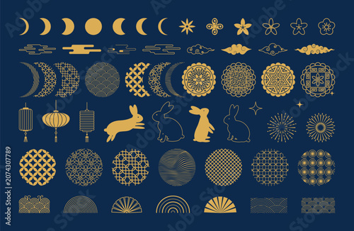 Mid autumn festival elements set. Moon, flowers, lanterns, stars. Design concept for card, poster, banner. Chinese traditional ornaments.