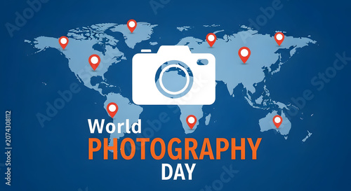 World photography day global concept with world map and camera, photography