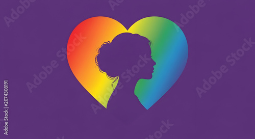 Woman silhouette profile inside rainbow heart shape with silhouette, diversity