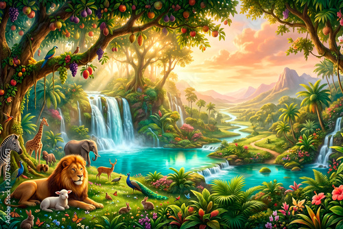 Idyllic garden of Eden scene with diverse wildlife living in harmony by a beautiful waterfall
