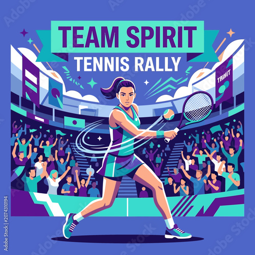 Energetic Tennis Player In Action During A Team Rally With Cheering Crowd And Stadium Ambiance