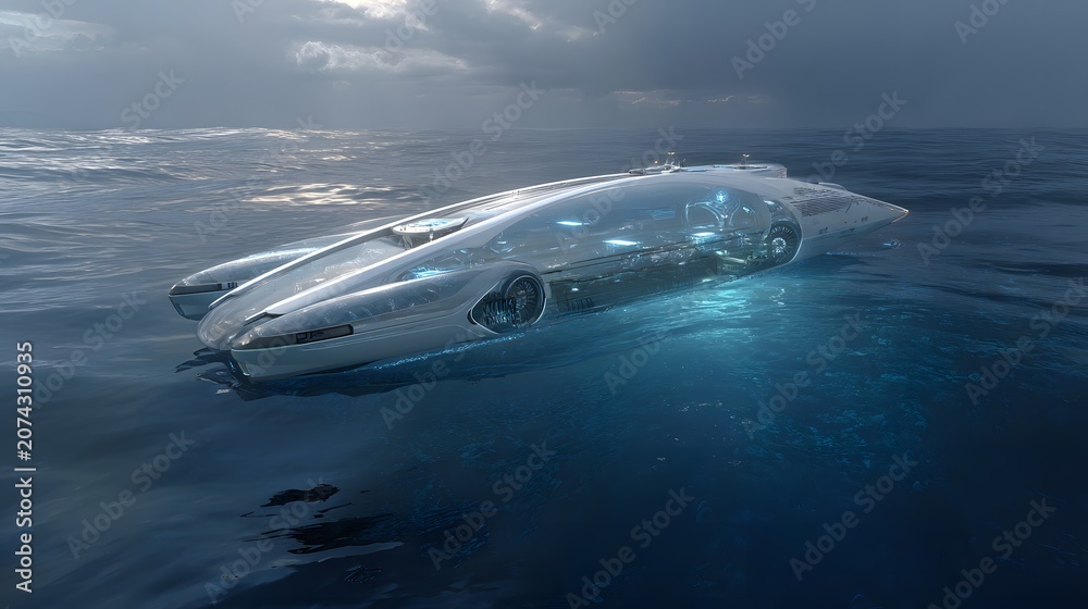 Naklejka premium Large autonomous ocean cleaning vessel with sleek futuristic design gliding across the sea, collecting floating waste, cross section view beneath the water revealing advanced system converting