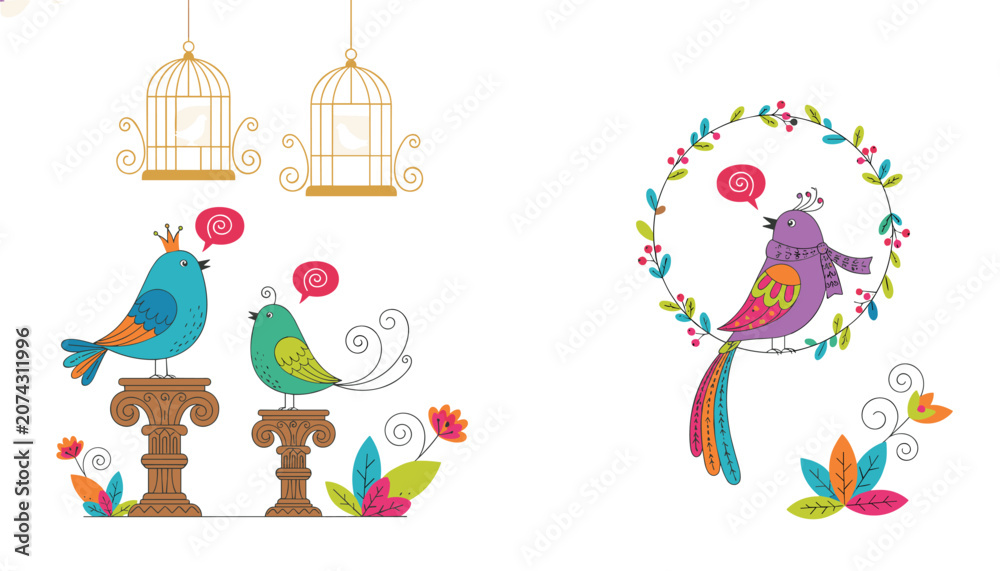 Fototapeta premium Colorful cartoon birds singing on decorative stands and a floral wreath with cages hanging in the background, representing freedom.