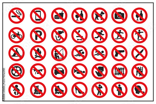 Mega set of public restriction and prohibition signs with red cross-out circles isolated on white.