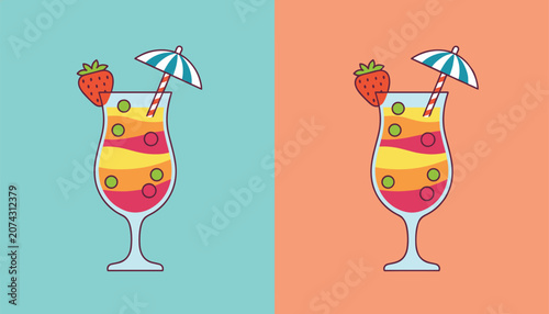 Vibrant layered tropical cocktail with a strawberry slice and a mini umbrella, shown on blue and orange backgrounds.
