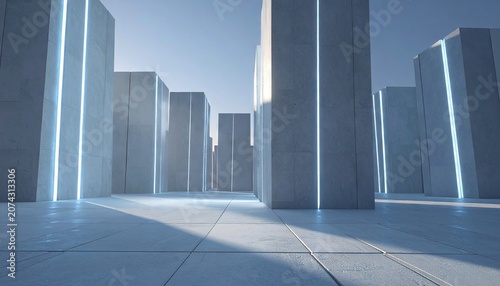Abstract futuristic city architecture with glowing lines against a clear sky