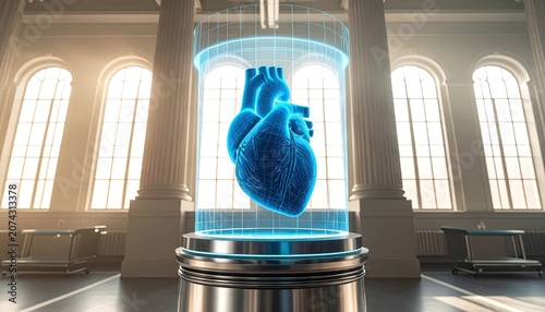 Anatomical heart displayed inside a futuristic cylinder in a bright hall